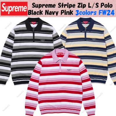 Supreme Stripe Zip L/S Polo Black Navy Pink 3colors FW24 | eBay