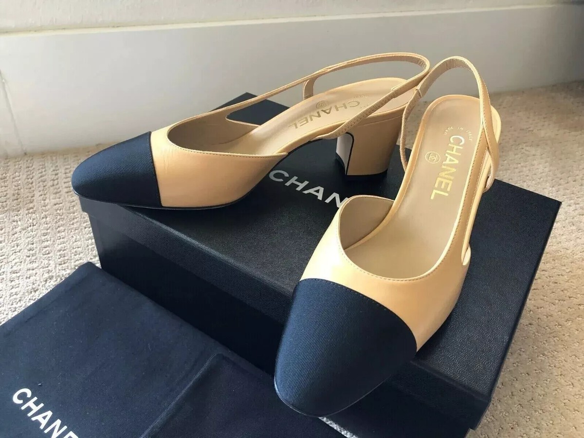 New Size 36 Chanel Beige/Black Goatskin Cap Toe Slingback Pumps | eBay