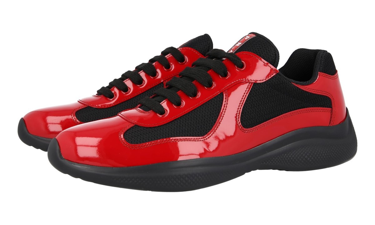 LUXURY PRADA AMERICAS CUP SNEAKERS SHOES 4E3400 RED/BLACK LEATHER