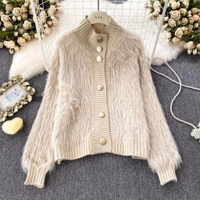 Lady Faux Fur Cardigan Knitted Turtleneck Jumper Sweater Fluffy