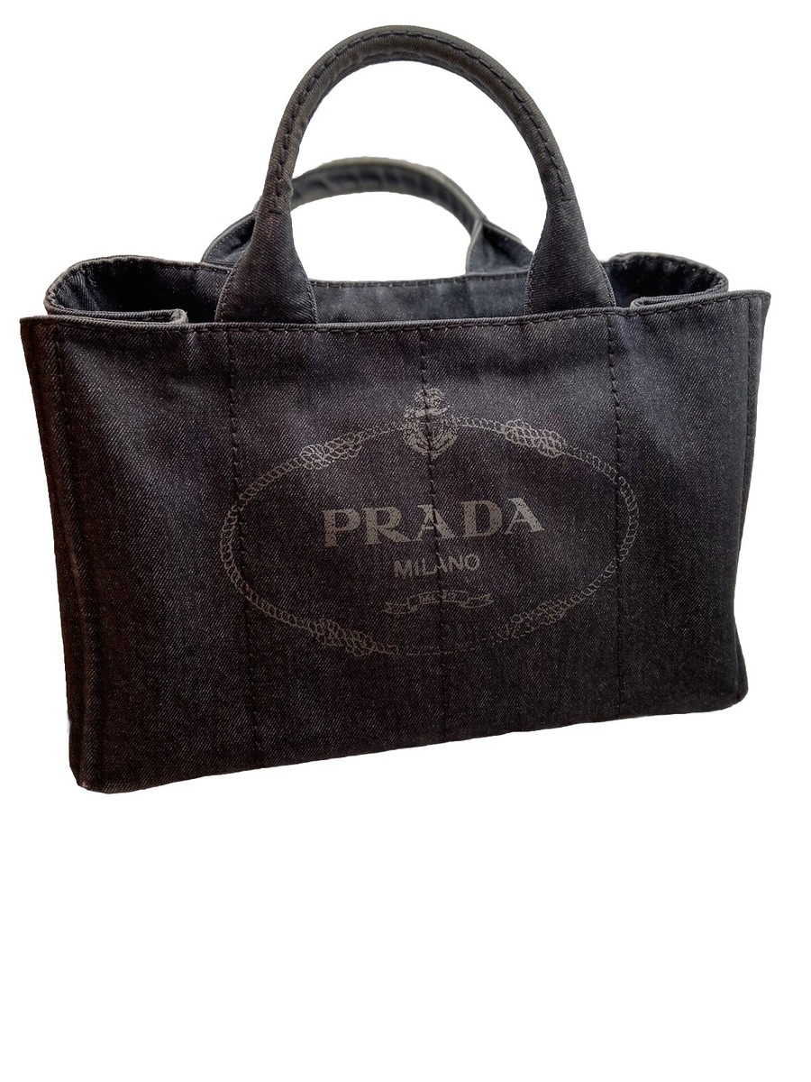 PRADA Medium Canapa Black Denim Tote with Triangle Logo with CoA