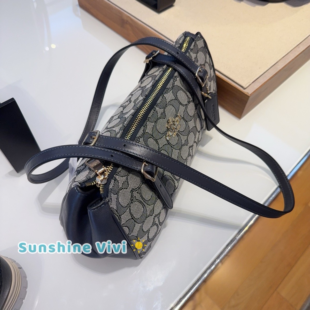 NWT Coach Asher Shoulder Bag In Signature Jacquard CBJ03 Gold/Navy