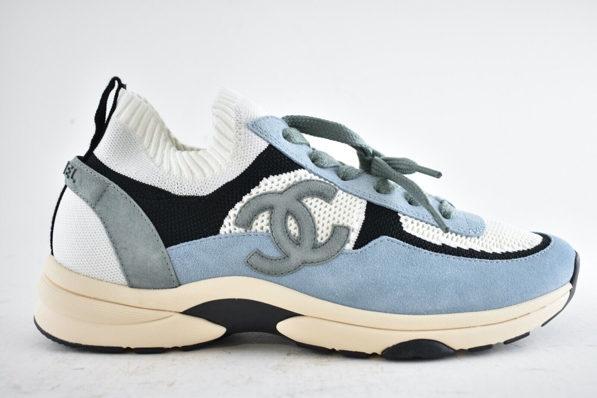 Chanel 22C Mens Blue White Grey Suede Knit CC Logo Low Top Trainer