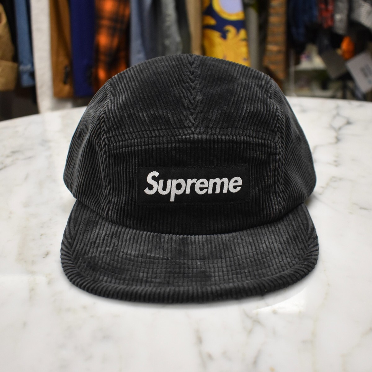 NWT Supreme Black Faded Corduroy Box Logo Camp Cap Hat SS25 Men's