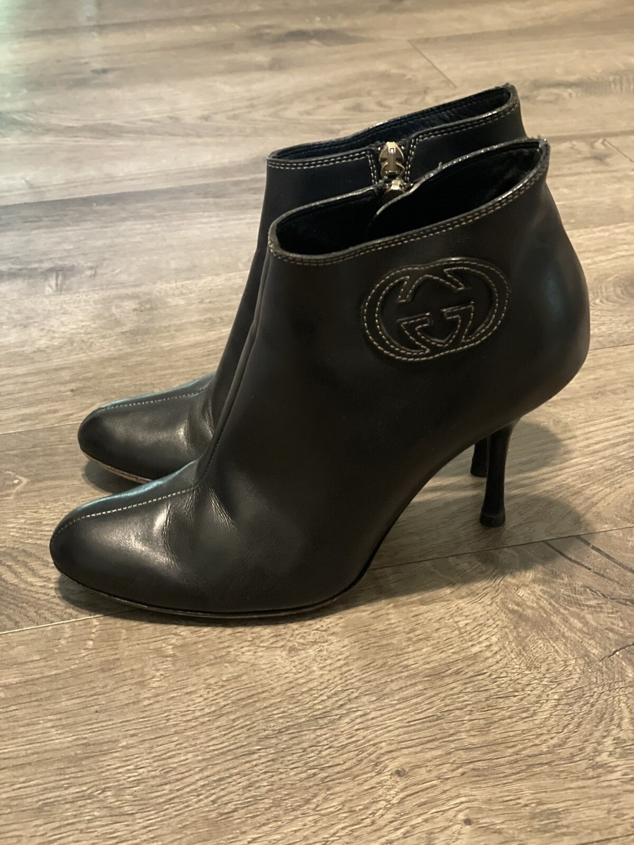 Gucci GG Black Calf Leather Ankle Heeled Boots 182151 Women's Size