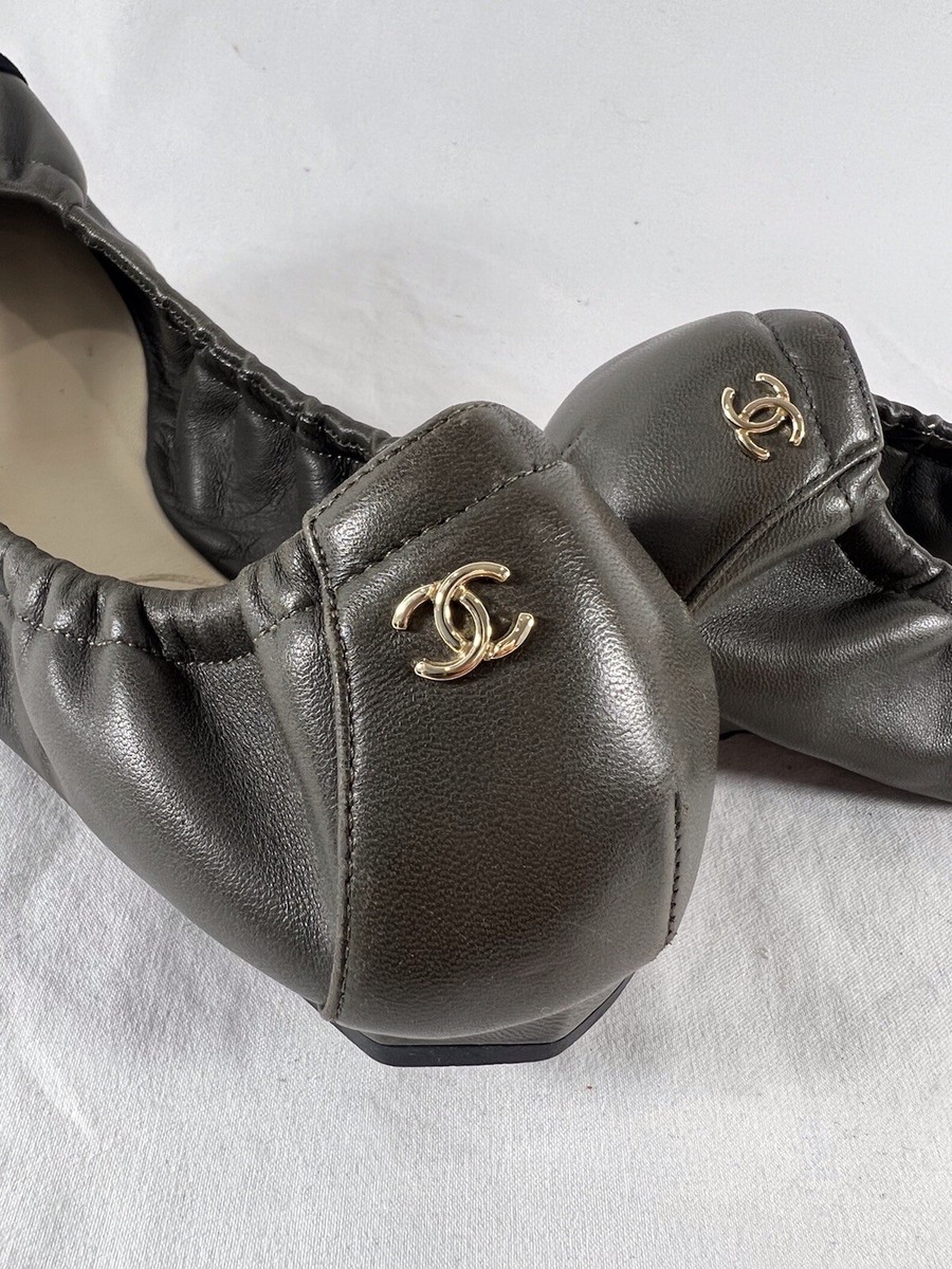 CHANEL Gray Elastic Leather Black Suede Cap Toe Flat Ballet
