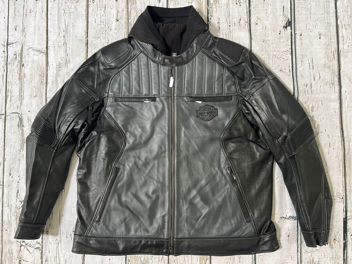 Harley Davidson Men's Reversion Black Grey Leather Jacket Hoodie