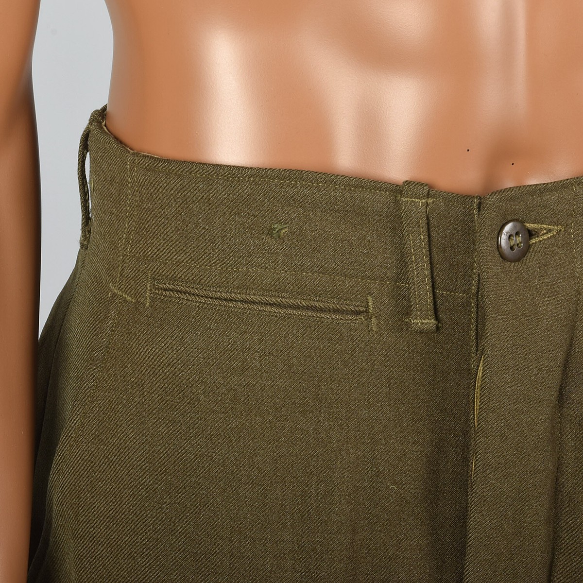 S 29x28 1940s Mens Pants Military Olive Green Button Fly Wool Flat