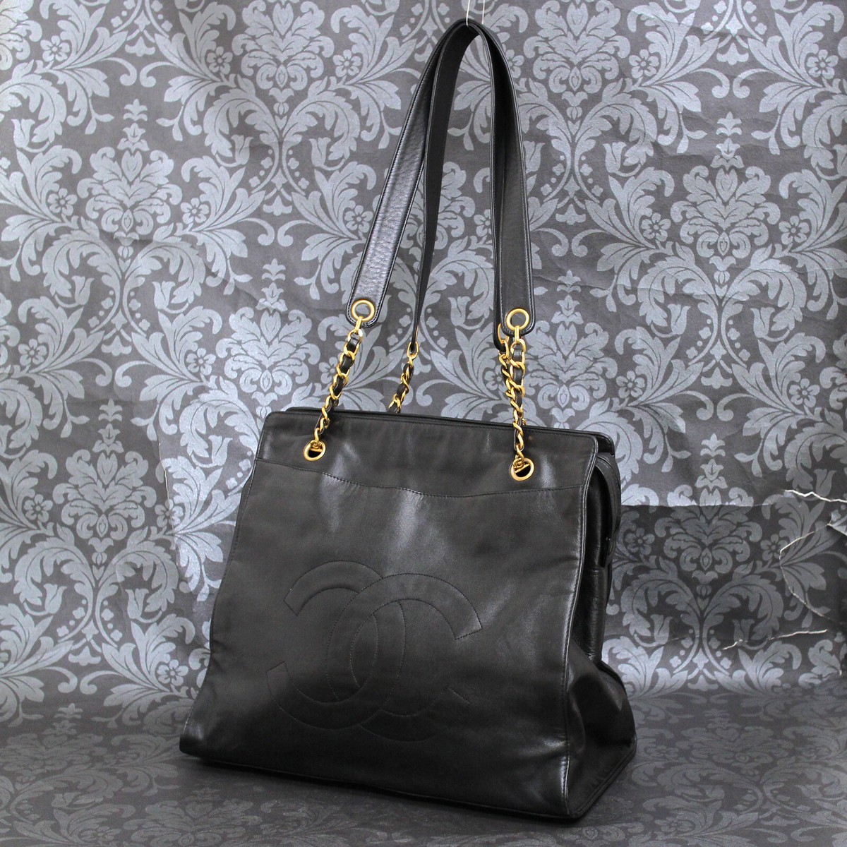 CHANEL Lamb Skin Leather Black CC Logo Shoulder Bag Tote Bag #2683