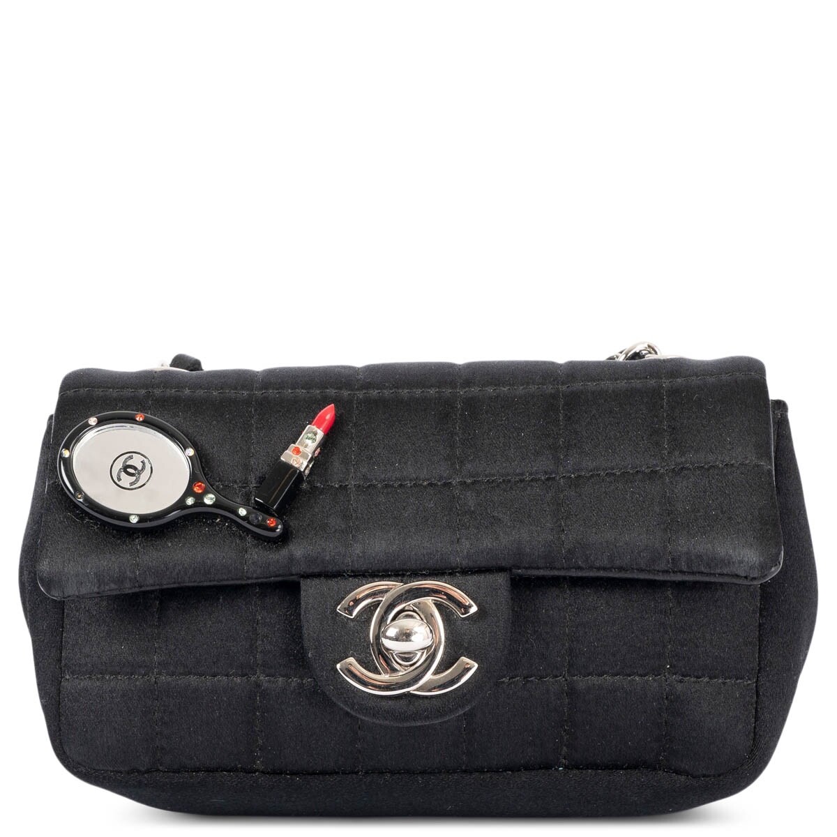 68881 auth CHANEL black 2004 MIRROR & LIPSTICK SATIN MINI Shoulder