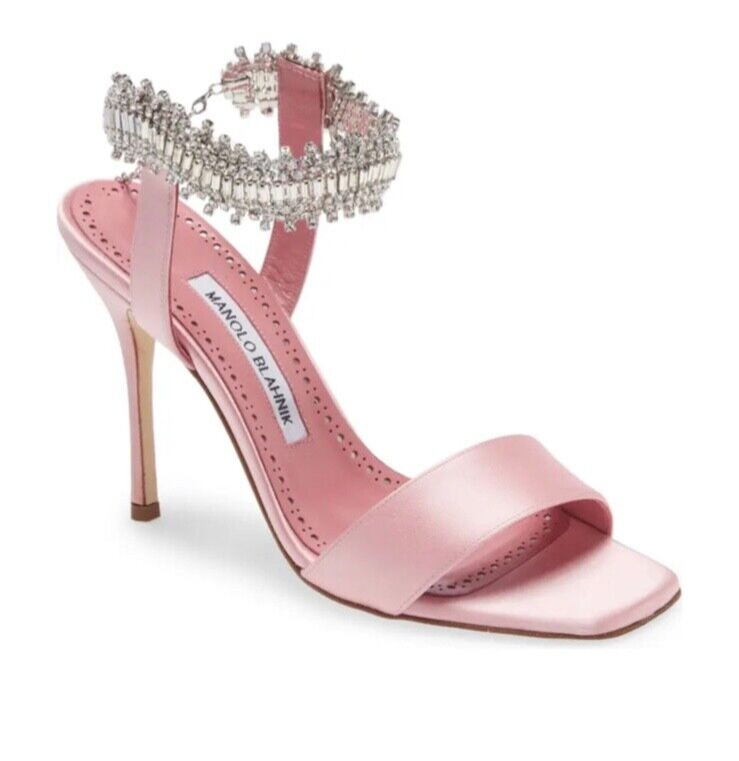 Manolo Blahnik Parinasan Satin Crystal Embellished Ankle-Strap