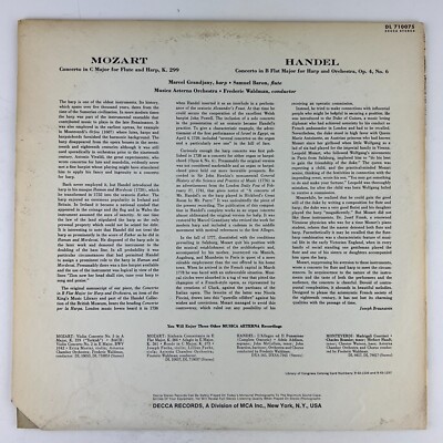 Marcel Grandjany Mozart & Handel Harp Concertos Vinyl LP Record