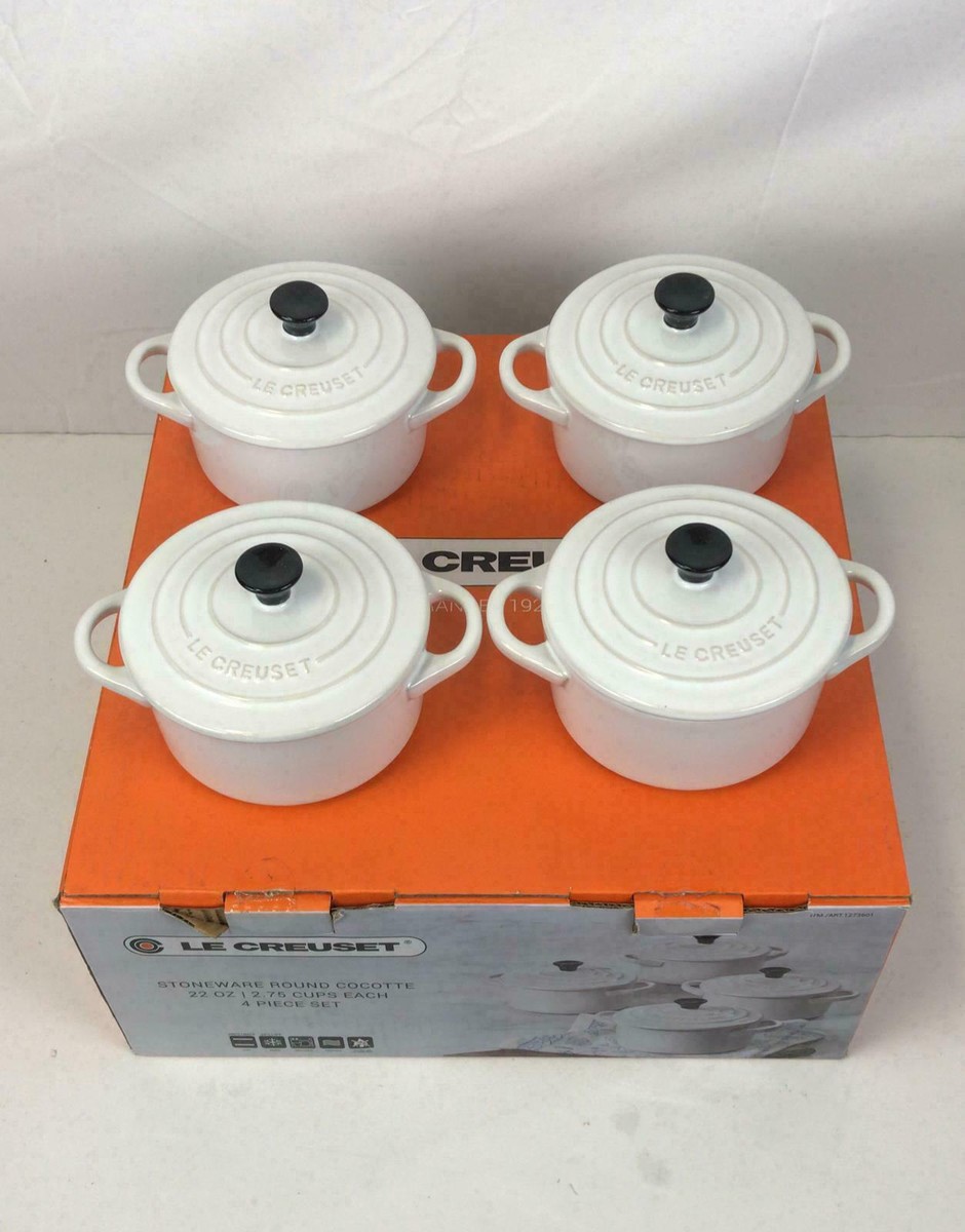Le Creuset Set of 4 Stoneware Round Cocottes, White, 22 oz (2.75