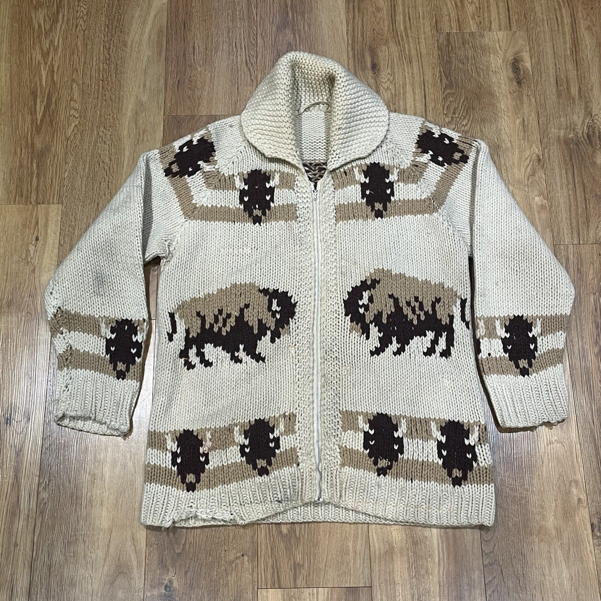 Vintage 1950s Cowichan Chunky Hand Knitted Zip Cardigan Original