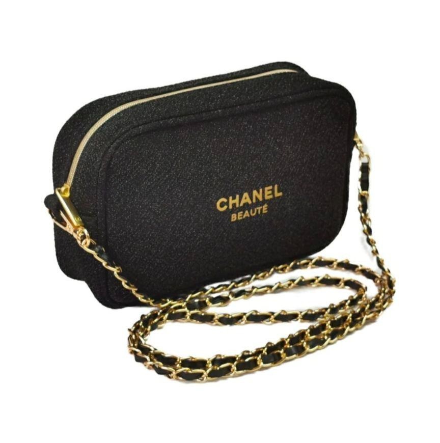 Chanel Beaute Cosmetic Makeup Bag Pouch Glitter Shine black Gold