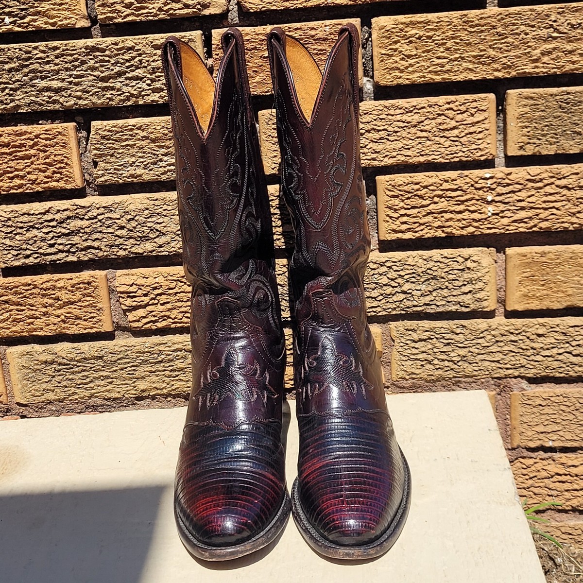 Lucchese 1883 Black Cherry Lizard Inlaid Design Leather Boots Men
