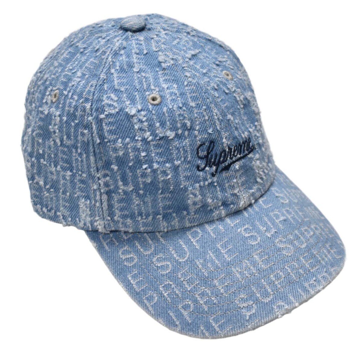NWT Supreme Needle Punch Denim 6-Panel Script Logo Hat Cap Blue