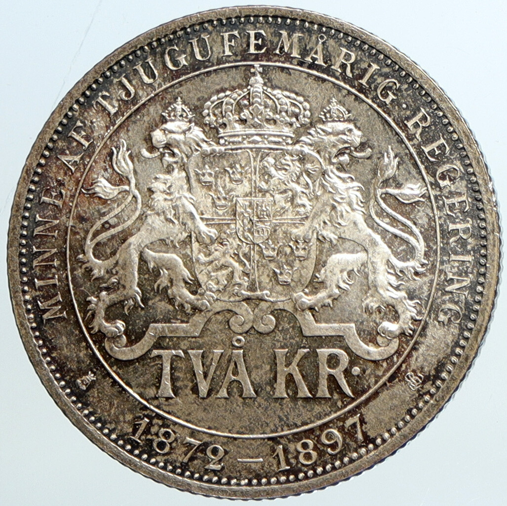 1897 SWEDEN King Oscar II Shield ANTIQUE SWEDISH Silver 2 Kronor