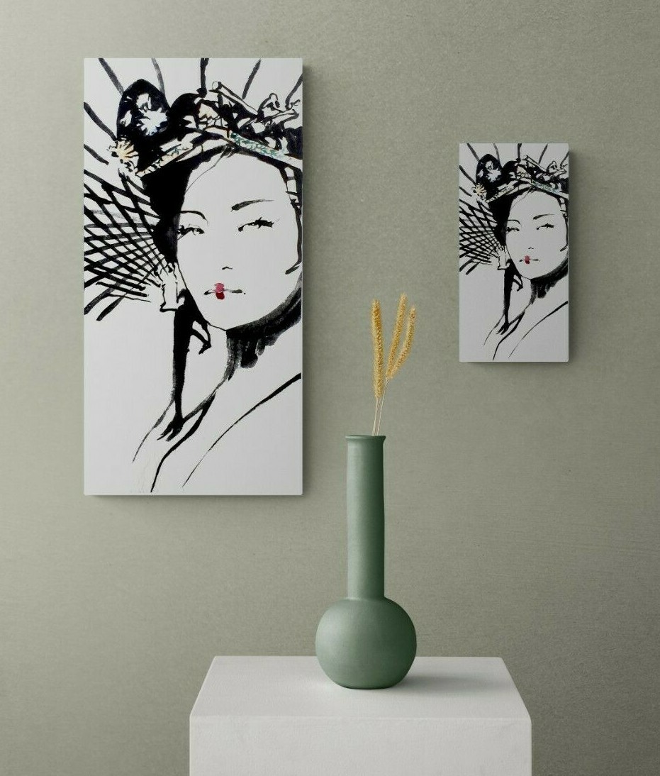 Fine Art Japanese Ink Sumi-e Print Wood Panel Woman Portrait 