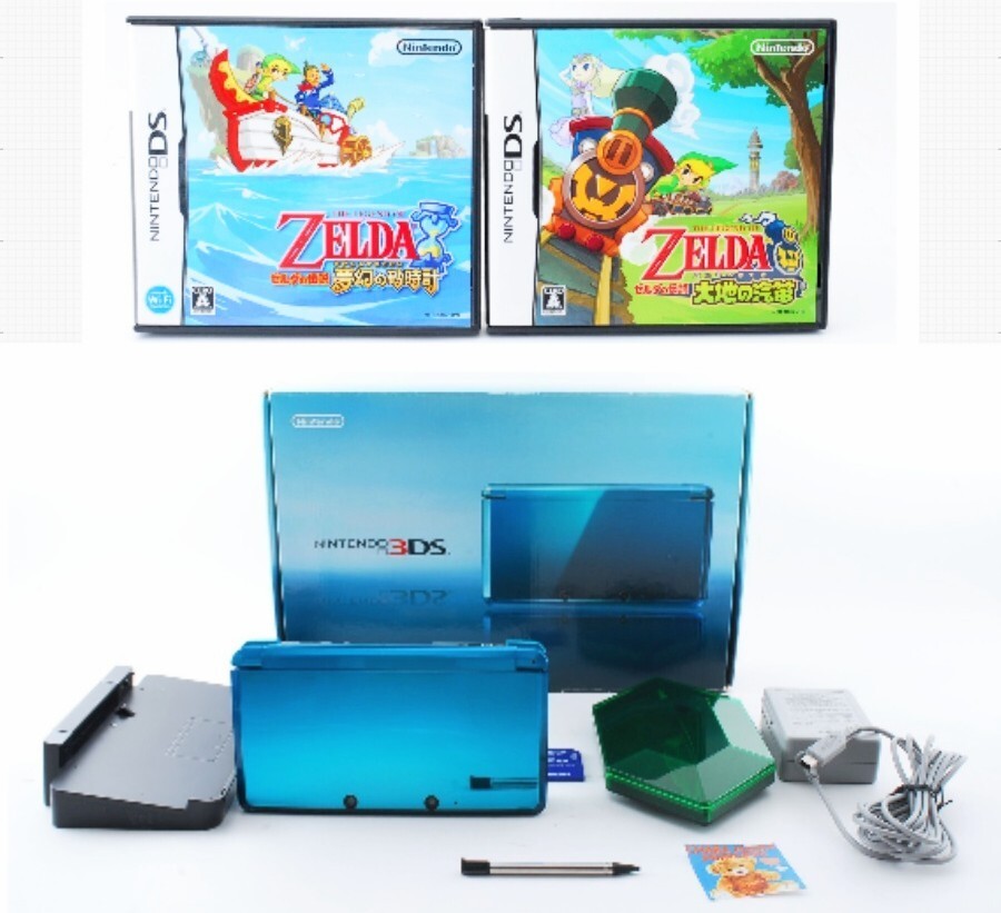 Nintendo 3DS Console Aqua Blue w/Box Adapter Zelda Stylus 2games