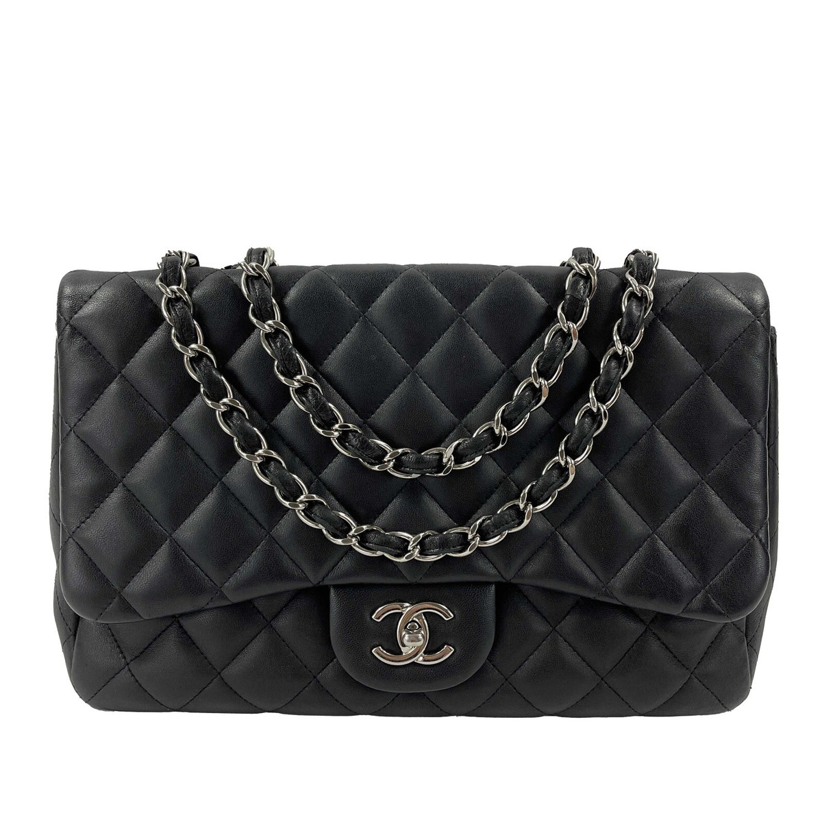 CHANEL - Jumbo Classic Flap CC Quilted Black Lambskin Shoulder Bag