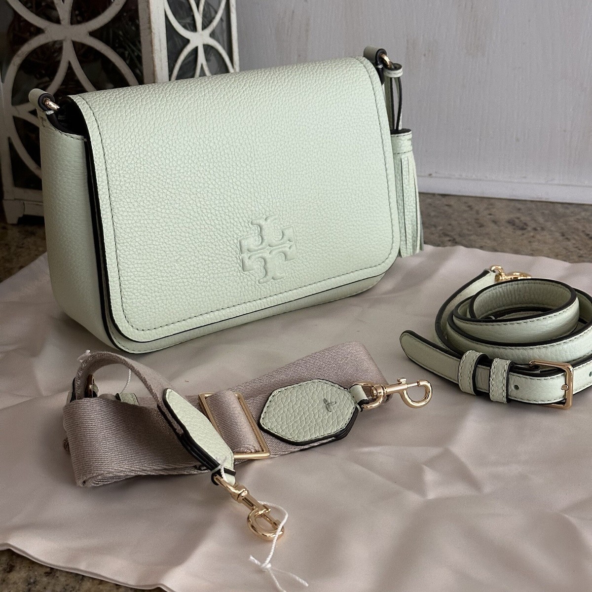 NWT Tory Burch Thea Web Flap Pebbled Leather Crossbody in Meadow