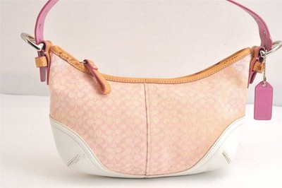 COACH Hobo Mini Signature One-Shoulder Bag Pink Leather Canvas