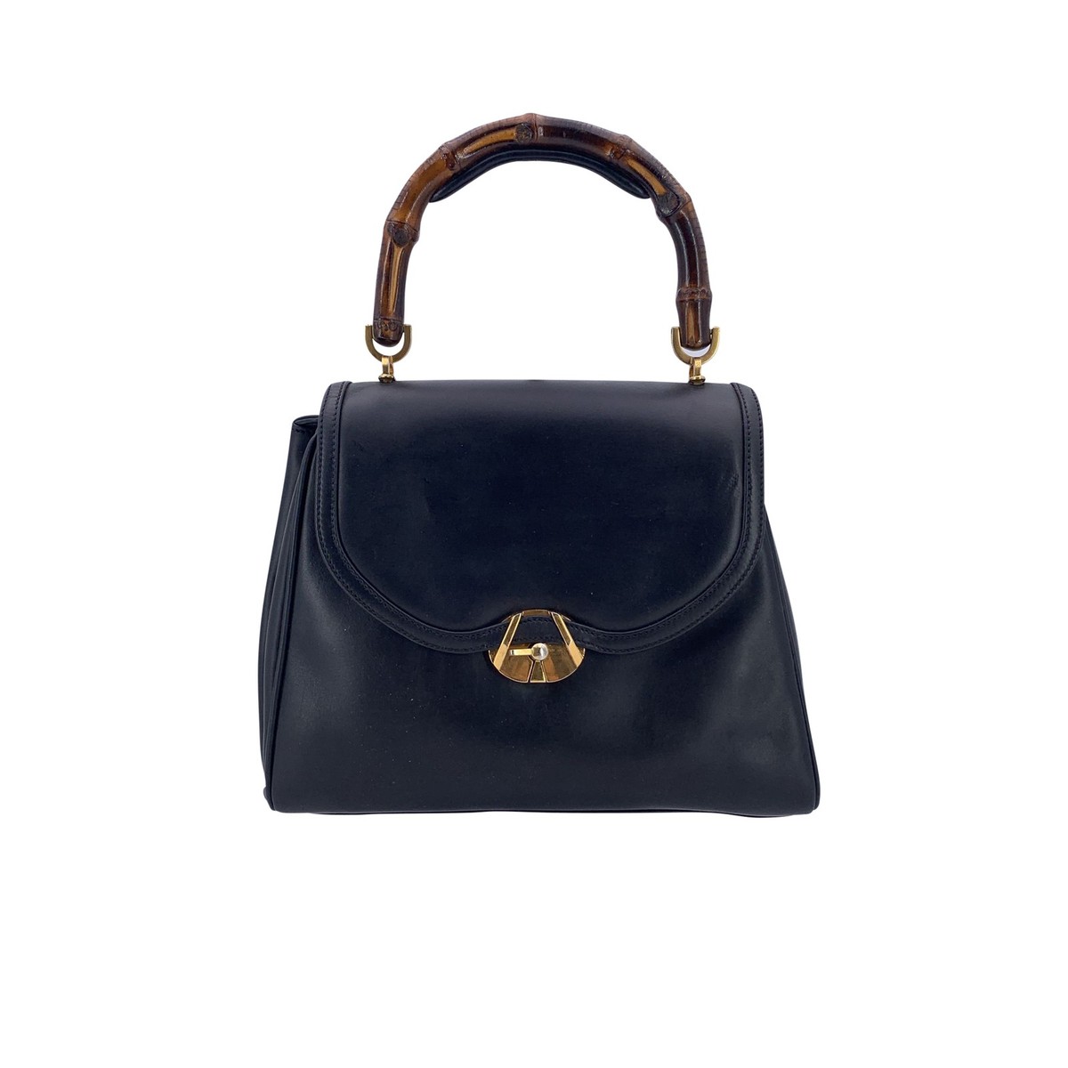 Authentic Gucci Rare Vintage Black Leather Bamboo Top Handle Bag