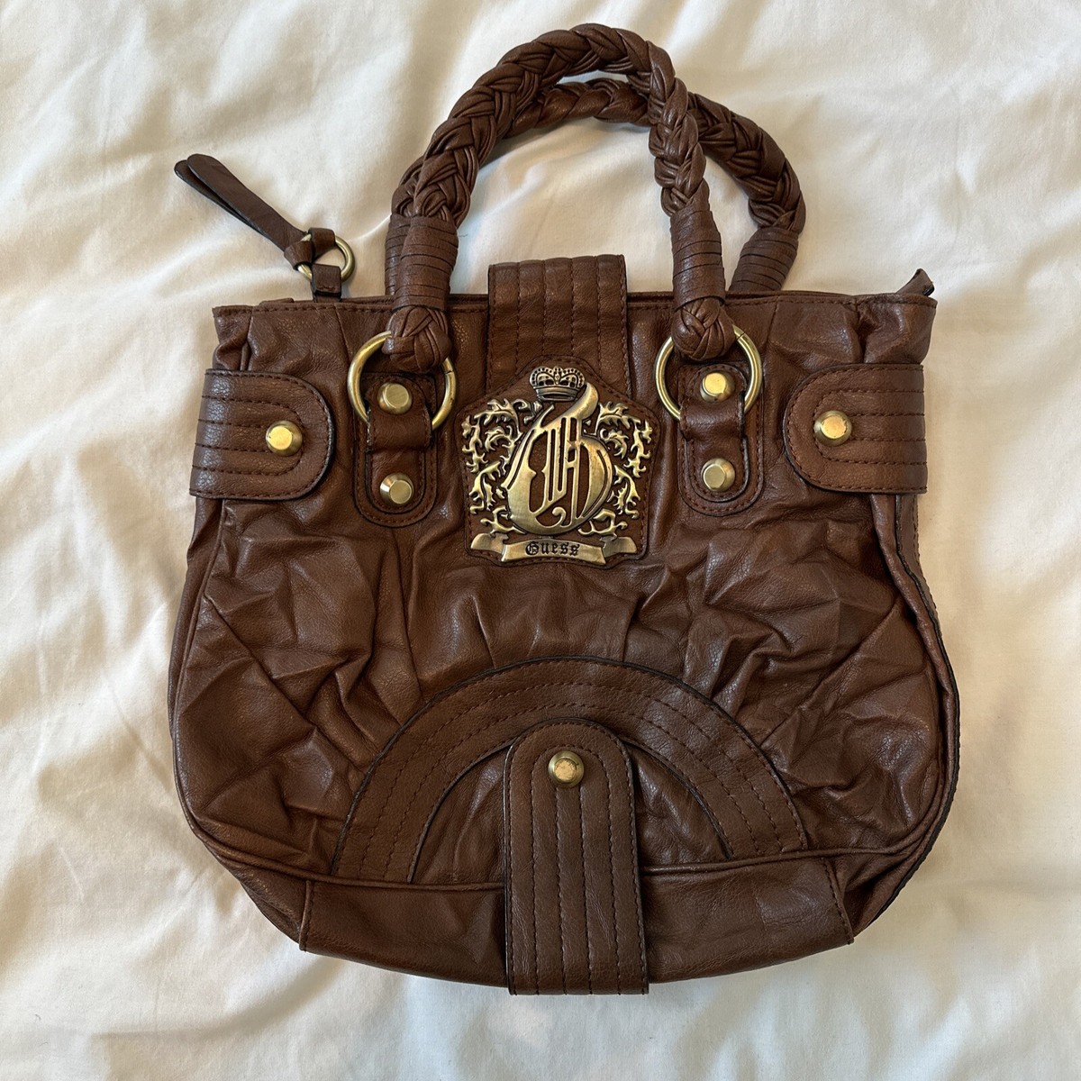 Vintage Y2K Guess Brown Leather Hand Bag Crown Logo With Shoulder