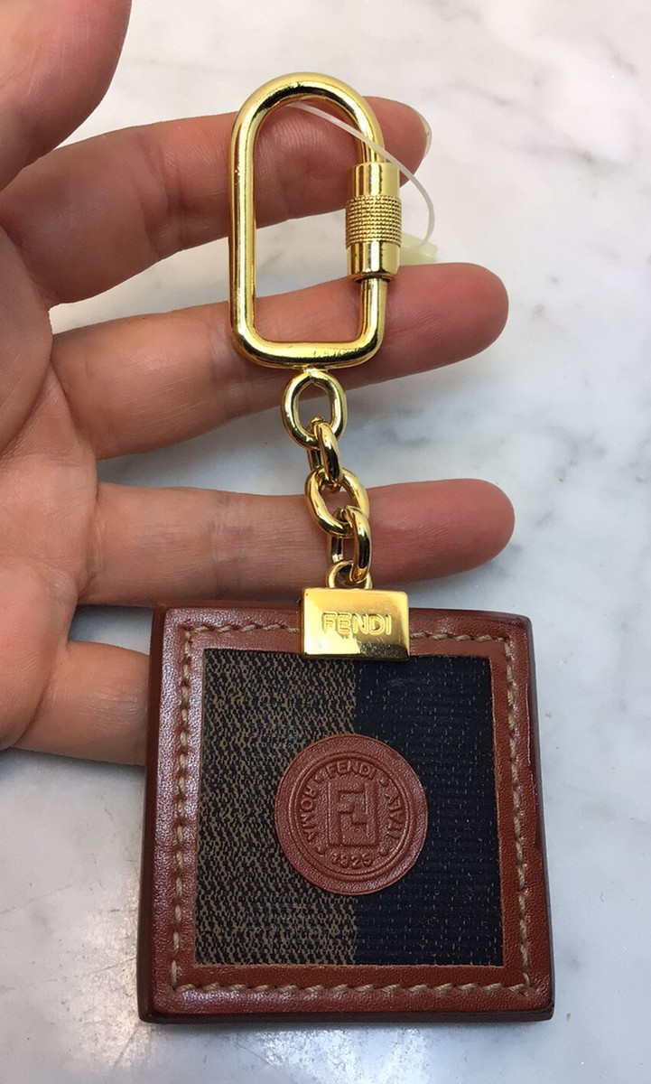Vintage FENDI Gold Tone Leather Trim Logo Keychain Key Ring New W
