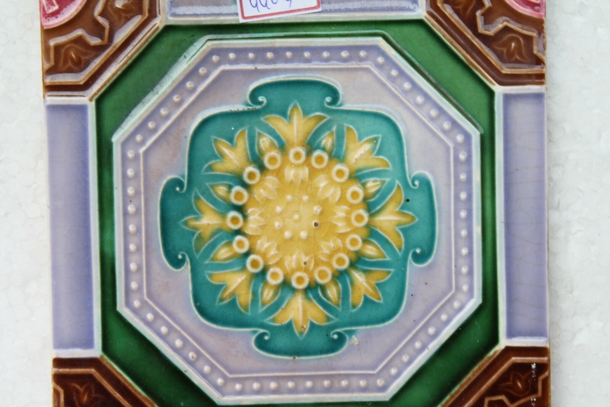 RARE OLD CERAMIC TILE FLOWER DESIGN PORCELAIN VINTAGE ART, JAPAN