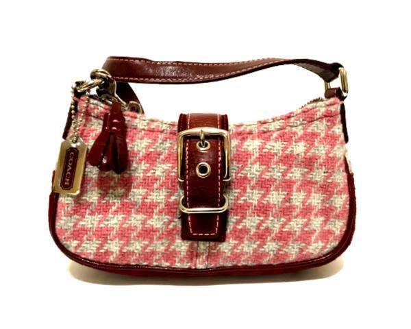 RARE COACH VTG WOOL HOUNDSTOOTH PINK BURGUNDY BUCKLE DEMI SHOULDER