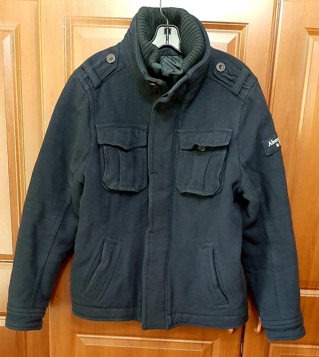 Abercrombie Mens Wool Pea Coat XL Knit Mock Color Insulated Navy