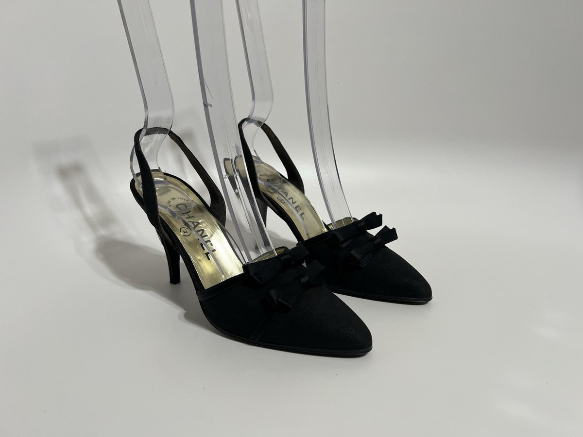 Vtg Chanel 80s Black Bow Slingback Heels 6 | eBay
