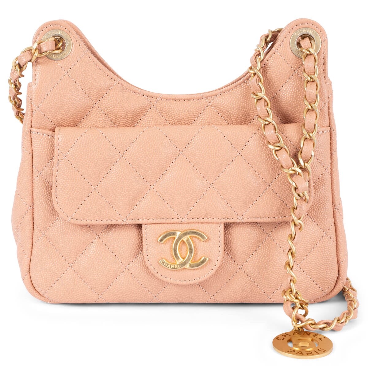 68639 auth CHANEL beige peach leather 2023 23P SMALL WAVY Hobo Bag