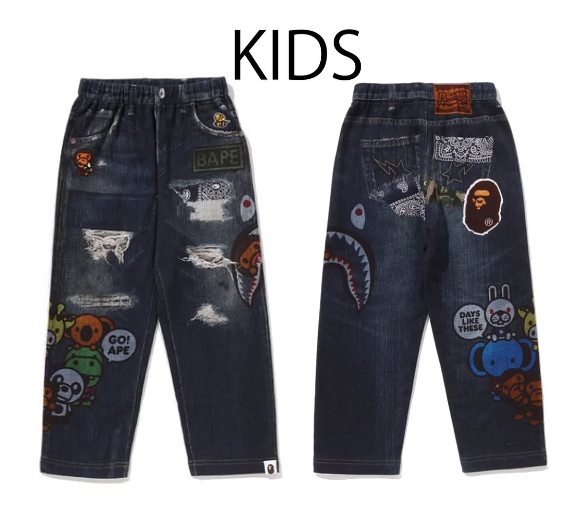 A BATHING APE BAPE KIDS BABY MILO FRIENDS DENIM PRINT SWEAT PANTS