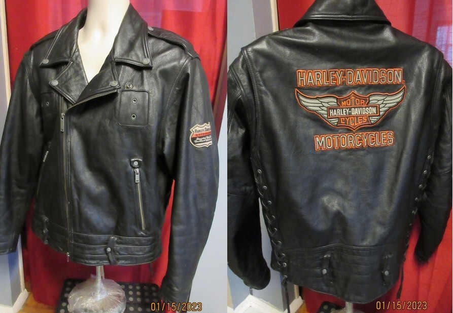 Harley Davidson LARGE Leather Jacket Embroidered Leather Side