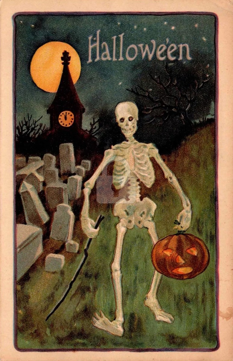 Halloween Skeleton Holding JOL & Walking in Cemetery Vintage Color