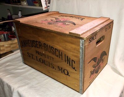Vintage ANHEUSER BUSCH Budweiser Beer Wooden Box Crate w/ Hinged