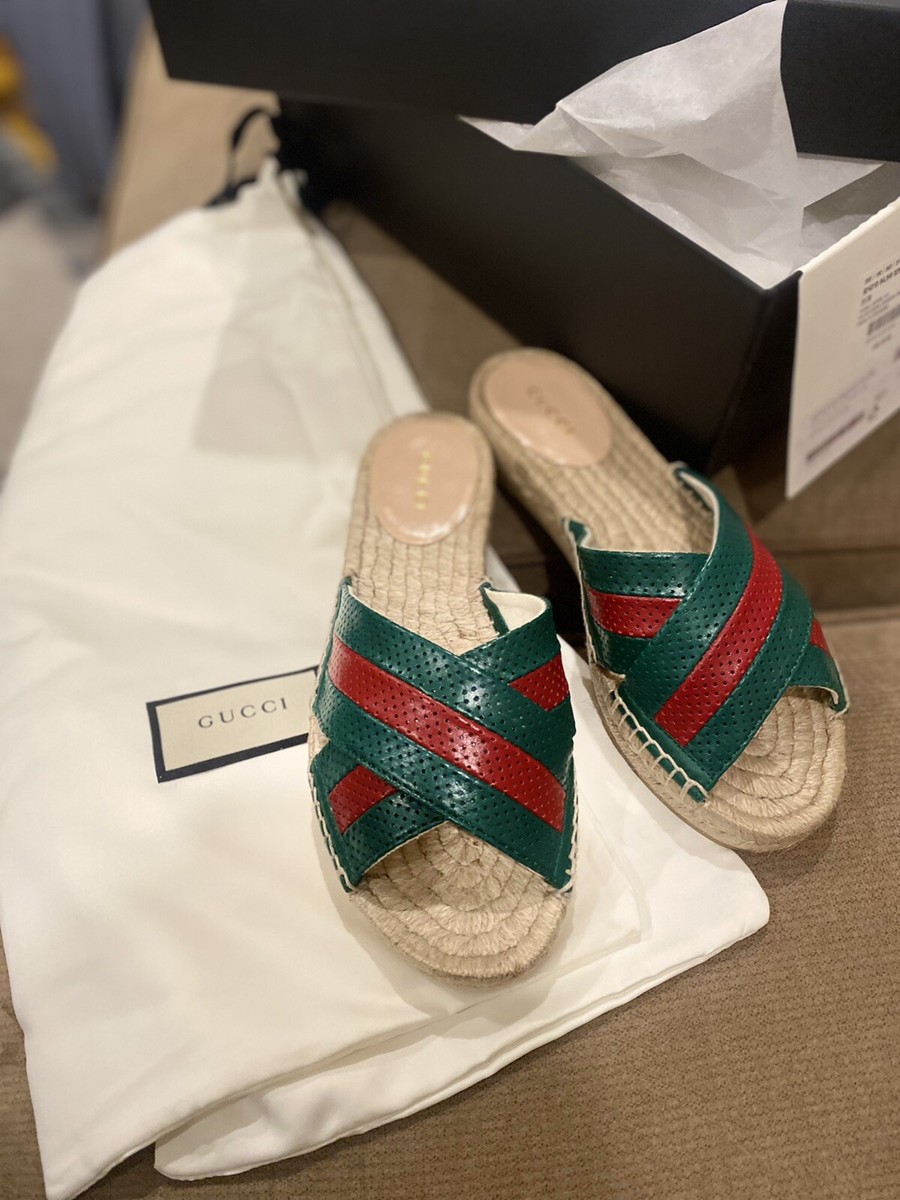 Gucci Criss Cross Slide Sandals Green Perforated Leather Size 36.5