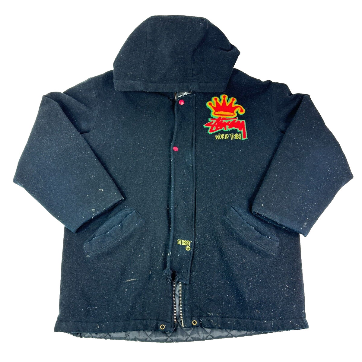 Vintage Stussy Burly Gear World Tribe Mens Wool Hooded Varsity