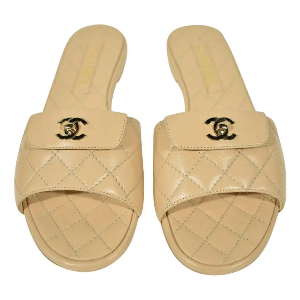 Chanel REV Beige Turnlock Quilted Gold CC Logo Mules Slide Sandal