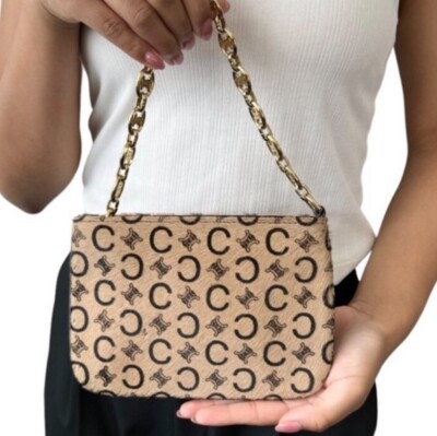 CELINE Vintage Cutch bag CHAIN TRIOMPHE CANVAS Pony Hair Macadam