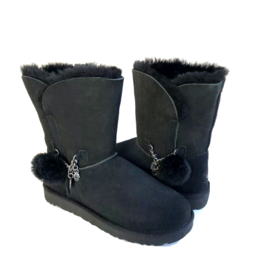 UGG CLASSIC SHORT CHARM CRYSTAL BLING BLACK POM POM BOOTS US 12