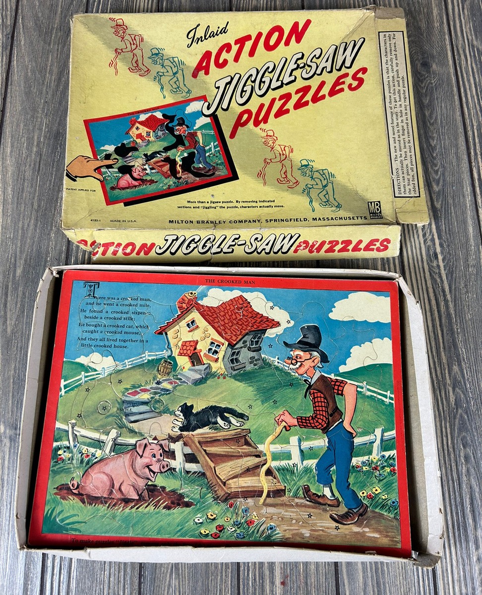 Vintage RARE Inlaid Action Jiggle-Saw Puzzles Set Milton Bradley