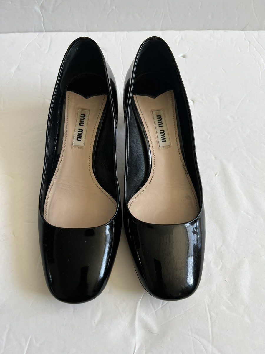 MIU MIU EMBELLISHED JEWELED CRYSTAL HEEL BLACK PATENT LEATHER