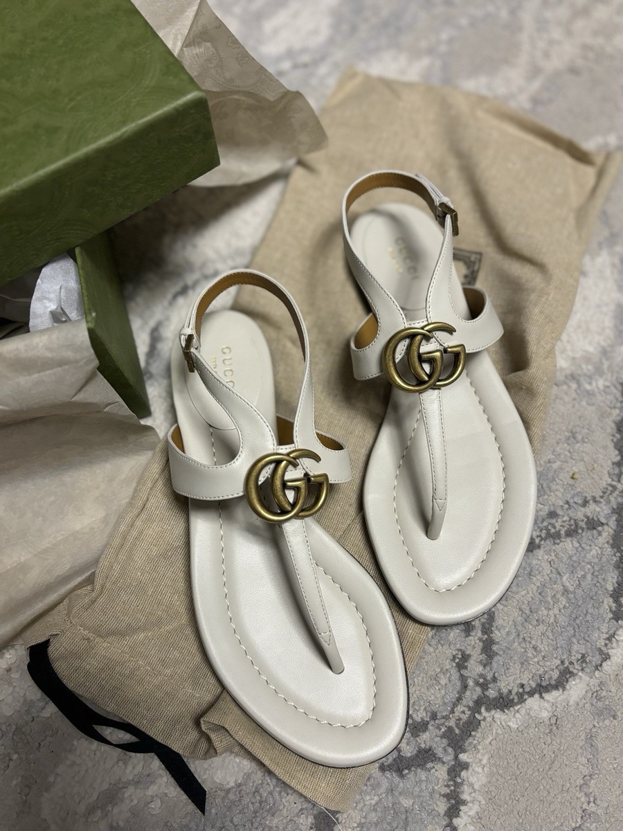 New Gucci Double G Thong Sandal Mystic White Women's Size 37 (US 7