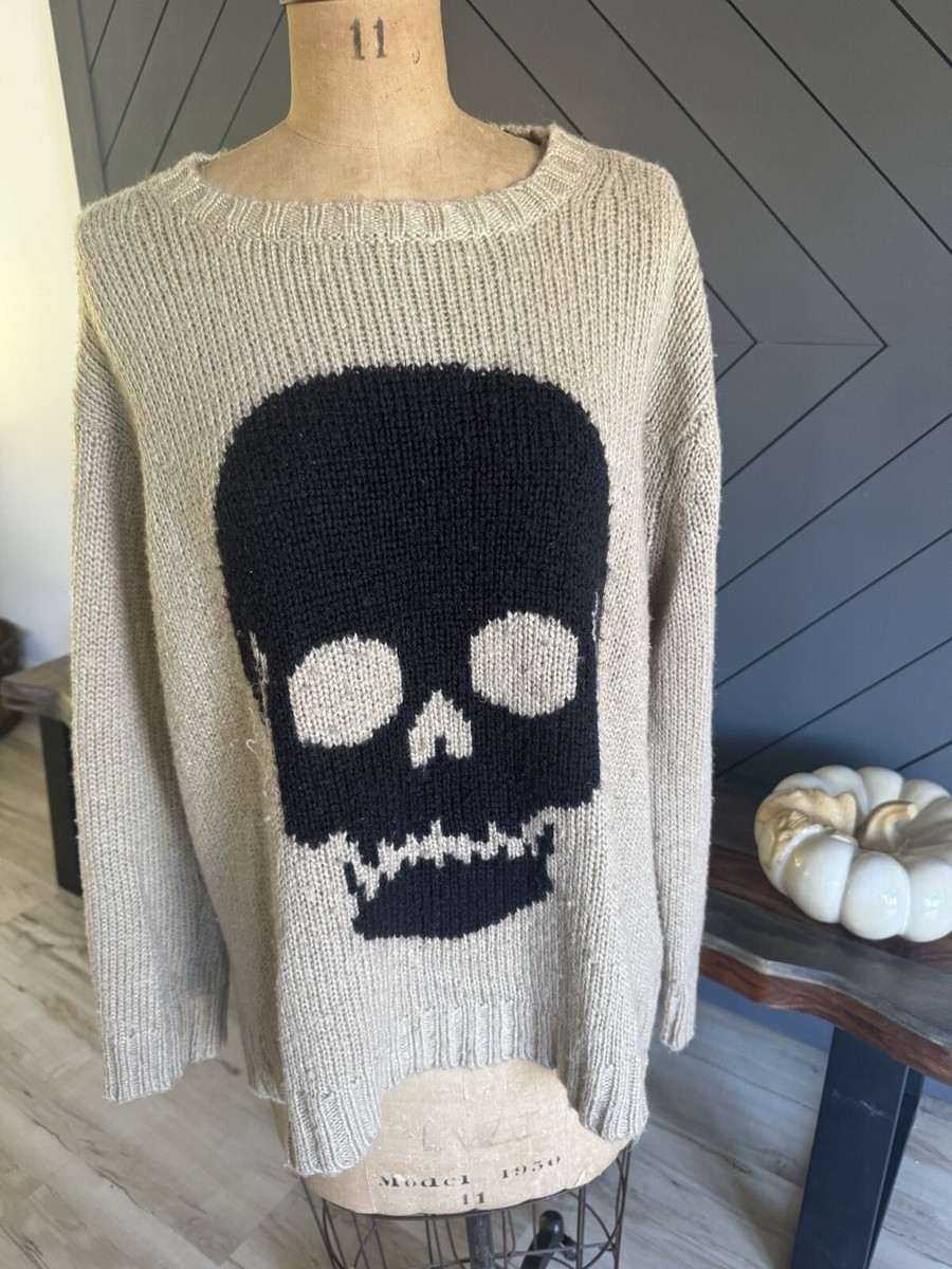 Wooden Ships Big Skull Chunky Crew Sweater Khaki & Black Sz Med