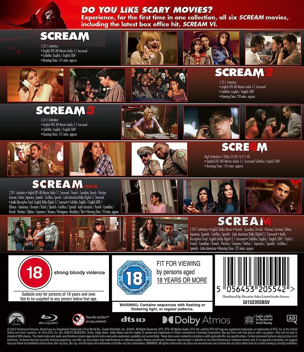 SCREAM 1-6 MOVIE COMPLETE COLLECTION BLU RAY PART 123456 FILM