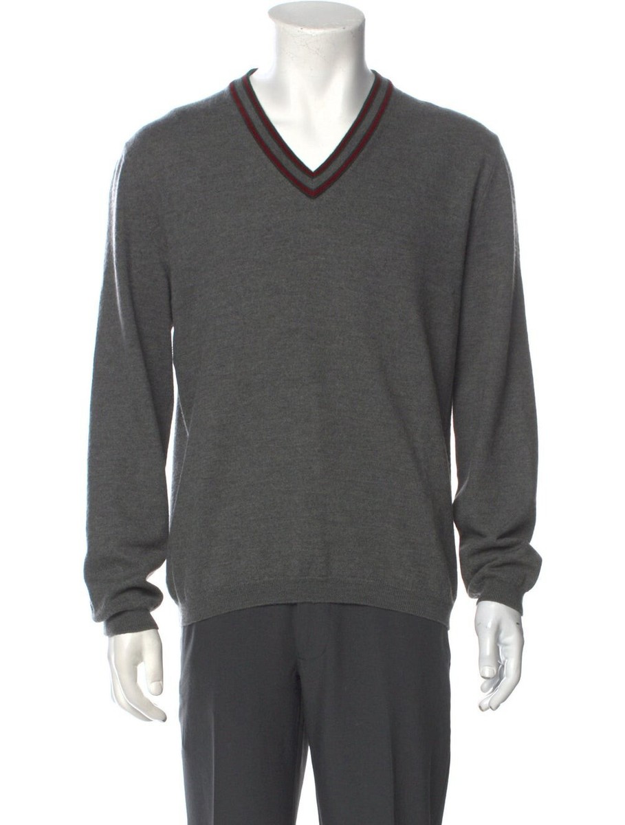 GUCCI MENS SWEATER GRAY WOOL WITH WEB STRIPE TRIM V-NECKLINE sz